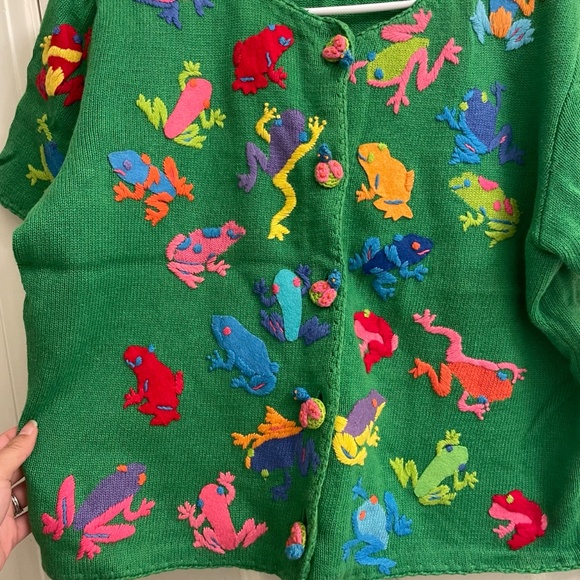Vintage Michael Simon Green Frogs Short Cardigan Top - Picture 2 of 8